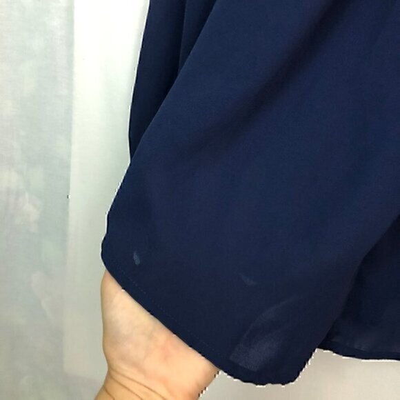 BELLATRIX Pleat Neck Long Sleeve Blouse Solid Navy Blue Polyester Peasant Top XS - Picture 7 of 8